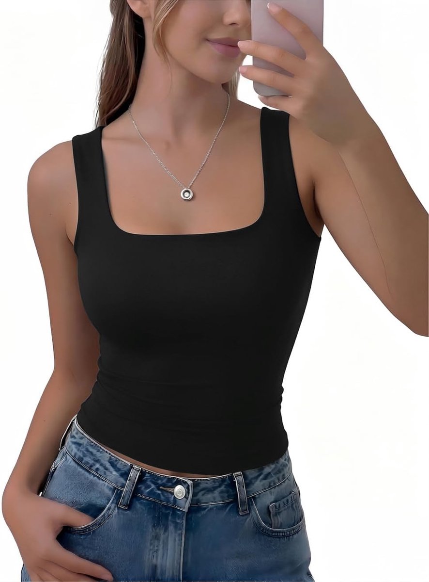 T-shirt voor dames, zomer, vierkante kraag, crop-top, dubbellaags, brede bandjes, casual, basic, smalle pasvorm, sportshirt, elastisch, modieus, streetwear