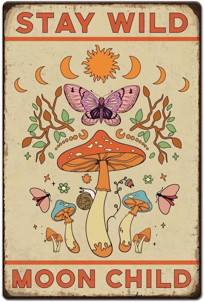 1 st Stay Wild Moon kind poster 20 x 30 cm vintage metalen tinnen bord retro paddestoel wanddecoratie met 4 voorgeboorde gaten voor woonkamer cafés kantoor bar thuis muurdecoratie