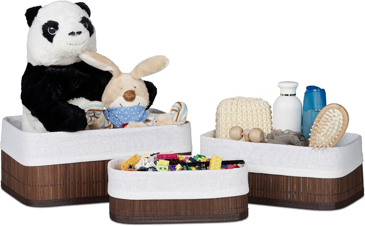 Opbergmanden, set van 3, met stof, bamboe, rechthoekig, voor speelgoed, accessoires, badkamer, bruin