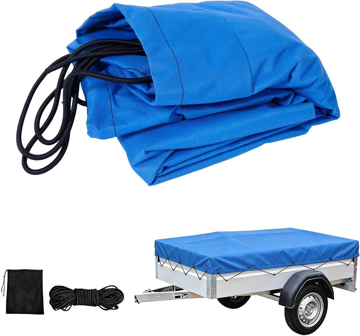 Aanhangerplane 207,5x114 cm (Rand 10 cm) - 600D Oxford-stof Blauw - Extra scheurvast & waterdicht - Flachplane incl. uitbreidbaar touw & versterkte hoeken - Robuuste afdekplane voor
