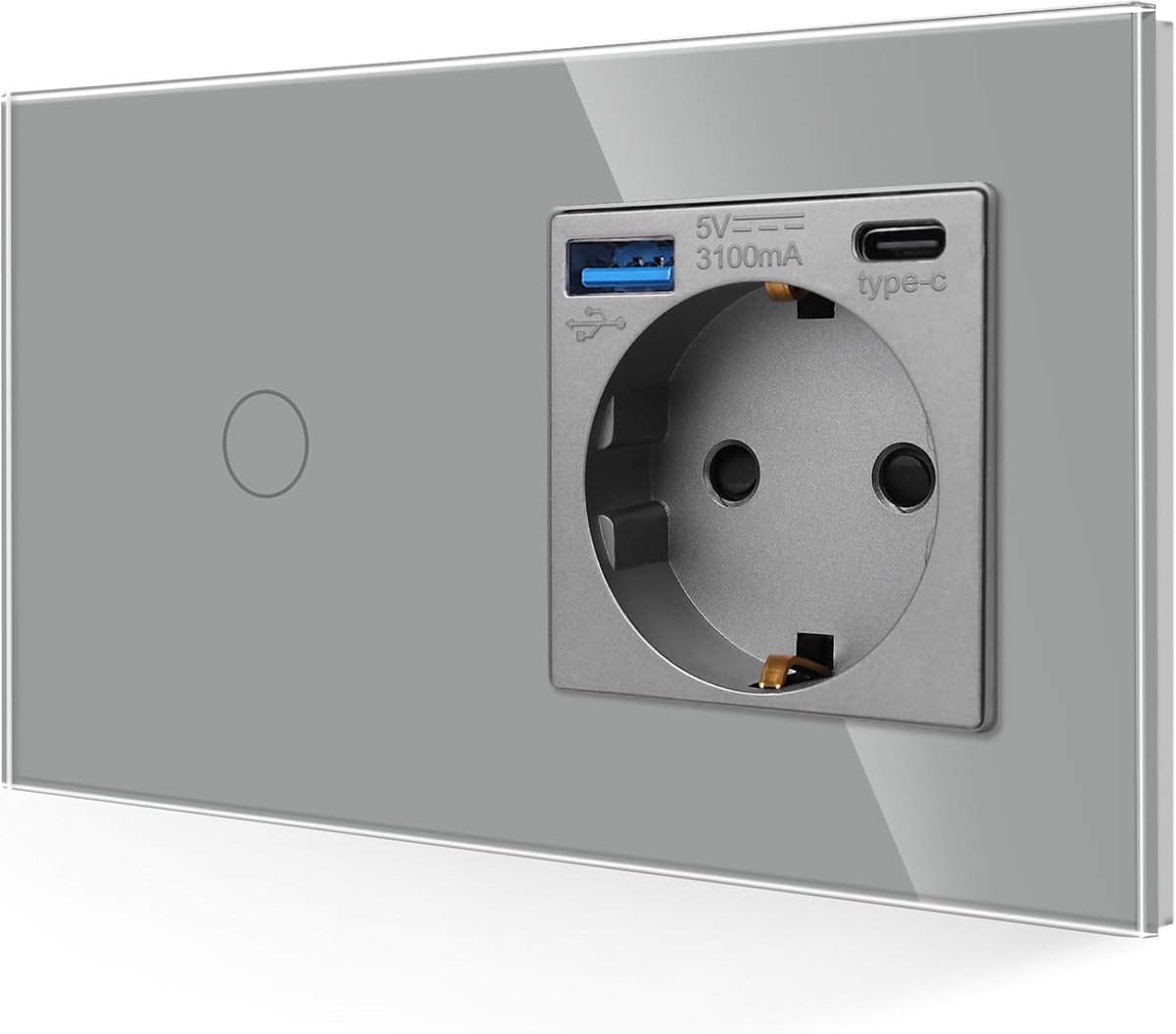 USB-stopcontact met lichtschakelaar in grijs, 16 A glas, 3-in-1 Schuko-stopcontact, inbouw, met 1 USB-oplader en 1 type C-poort (3,1 A), 1-voudige 1-polige touch-wandschakelaar met statusled