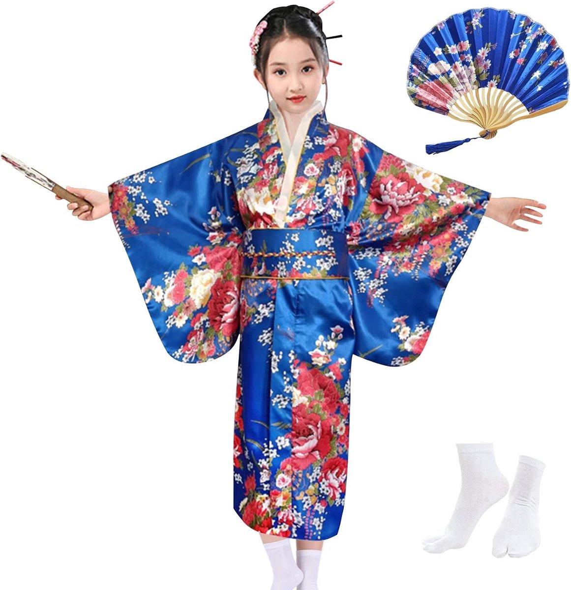 Kimono voor meisjes, traditionele Japanse stijl, Yukata kimono van zijde, cosplay-kostuums, feestjurk voor meisjes, met opvouwbare waaier en tai-sokken