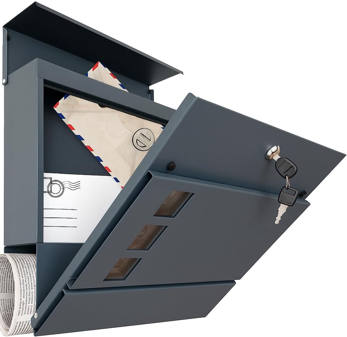 Antraciet RAL 7016 met krantenvak, weerbestendig en roestvrij door poedercoating, brievenbus voor wandmontage, modern design, incl. montagemateriaal