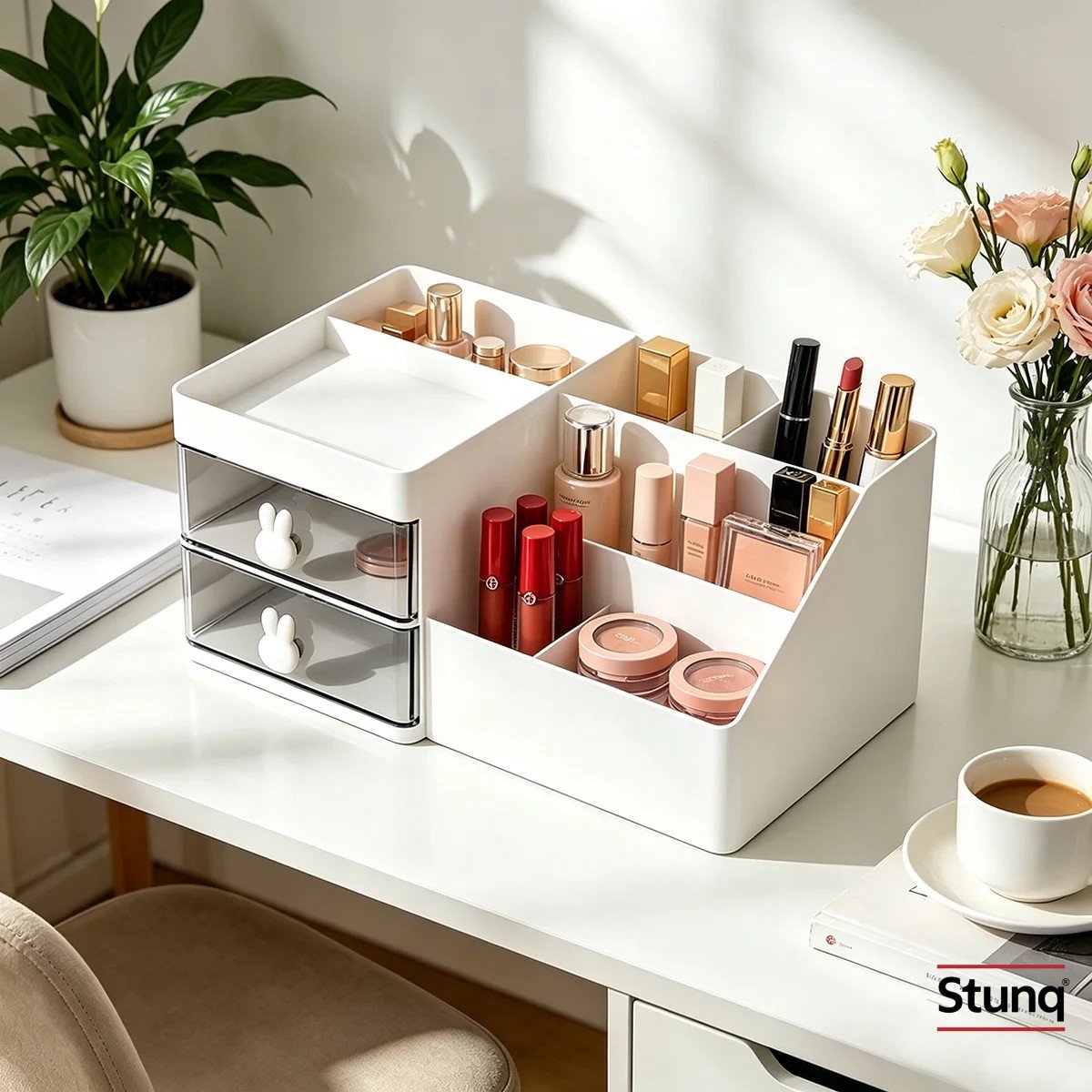 Stunq® Witte Make-up Organizer met Konijnenoren Lades en Meerdere Vakken