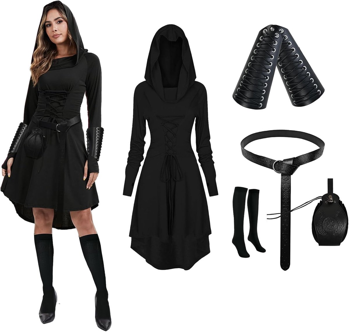 jurk set dames middeleeuwse kleding dames Halloween gewaad capuchon jurk met riem, retro gouden muntentas, korset, overknee-sokken, armbeschermers, schortklem.