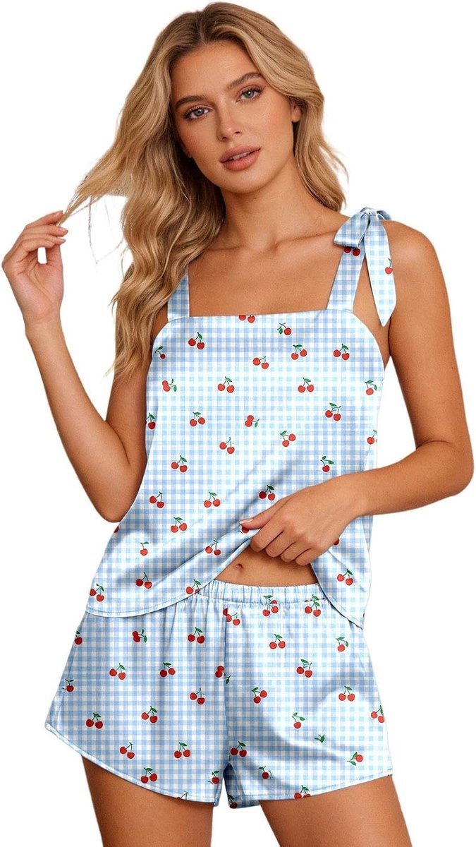 Korte tanktop van satijn, korte pyjama, top met vlinderdas, ideale nachtkleding voor een bruidsfeest