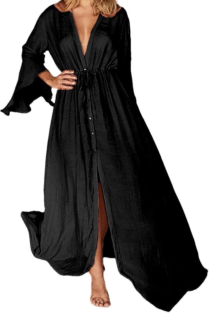 Pareo-jurk voor dames, met ruches en knopen, kaftan, effen, bikini voor zomer, strand en vakantie