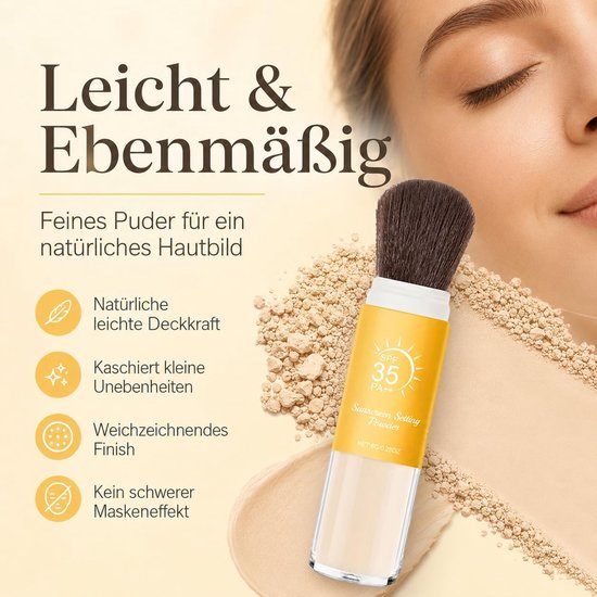 Setting Powder, mineraal zonnebrandpoeder, SPF 35 los poeder met borstel, waterdicht, langdurig, licht en mat gezicht, P-owder, los poeder voor gezicht, hoofdhuid, haar en scheiding — afbeelding 3
