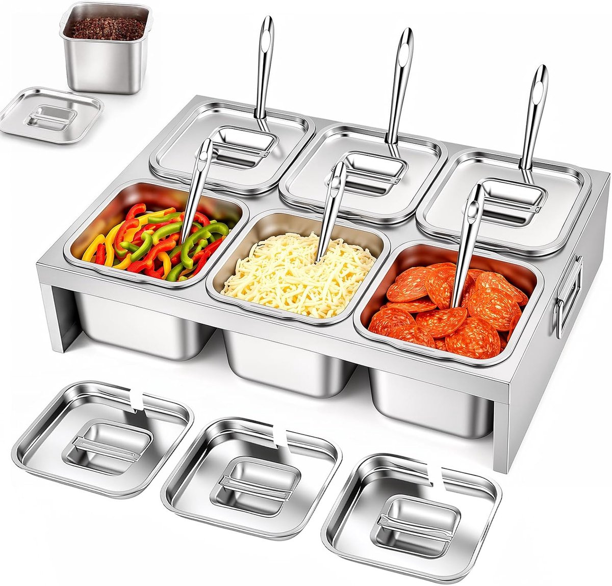 ingrediëntencontainer 6 x 2 l met deksel en lepel, pizza-ingrediëntenhouder voor BBQ, toppings, sauzen en groenten, GN container voor keuken, restaurant, catering en outdoor