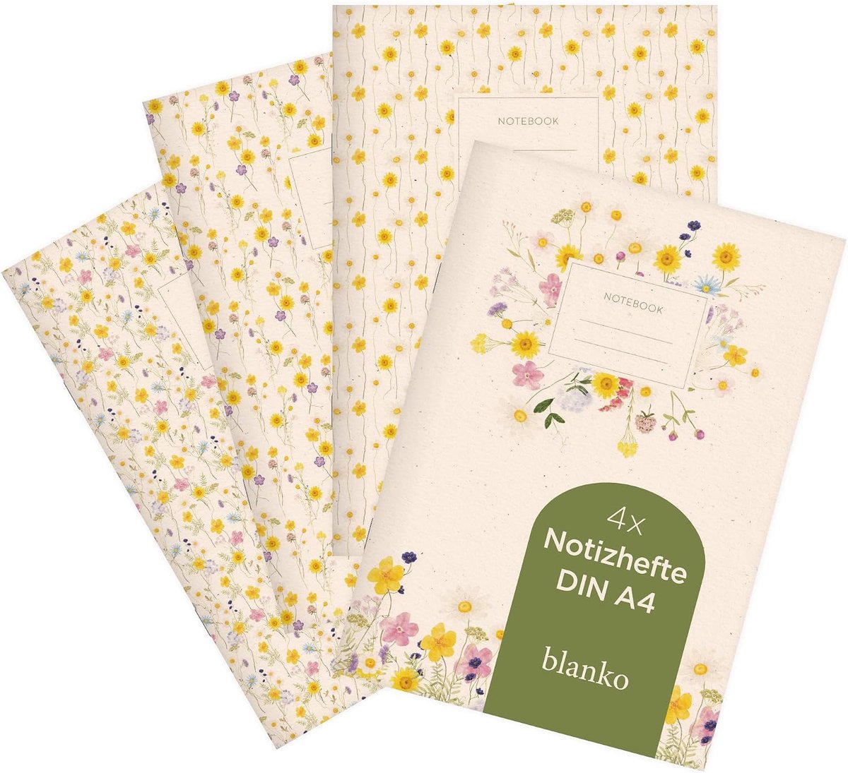 1035 Set van 4 notitieboekjes, A4, weidebloemenpatroon, aquarel, voor notities, schetsen, bullet journal en planningen, blanco