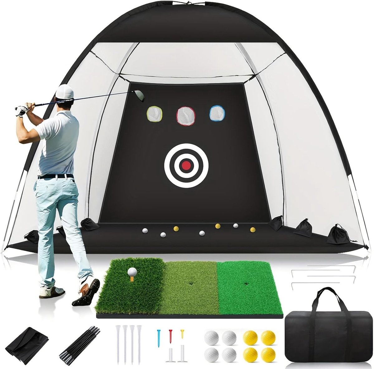 Golf-trainingsnet met oefenmat, golfnet voor binnen en buiten, achtertuin, tuin en garage, ideaal voor rijden, chipping en zwaaitraining, voor golfers van alle ervaringsniveaus
