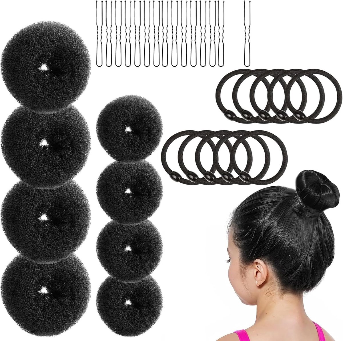 33 stuks knotmakerset, 8 stuks donut knot (4 maten), 10 haarelastiekjes, 15 U-vormige clips, Magic Hair Bun Maker voor meisjes en vrouwen (zwart)