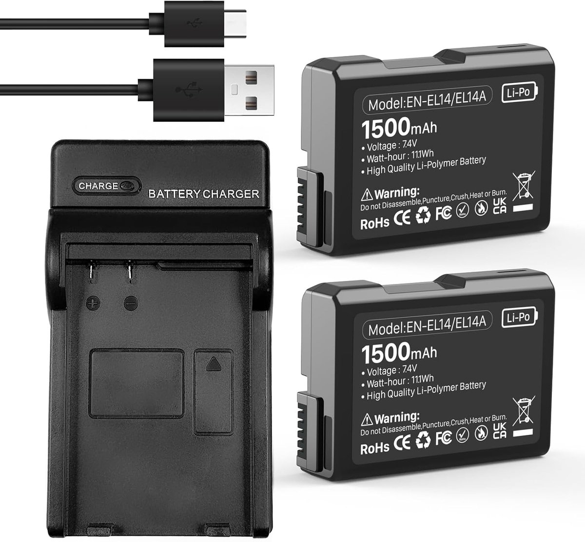 2 x Accu N-EL14 EN-EL14A Accu+oplader, 1500mAh compatibel met Nikon Coolpix P7000, P7100, P7700, P7800, P8000 DSLR D3100, D3200, D3300, D3400, D5100, D5200, D5300, D5500, D5600, DF, D3