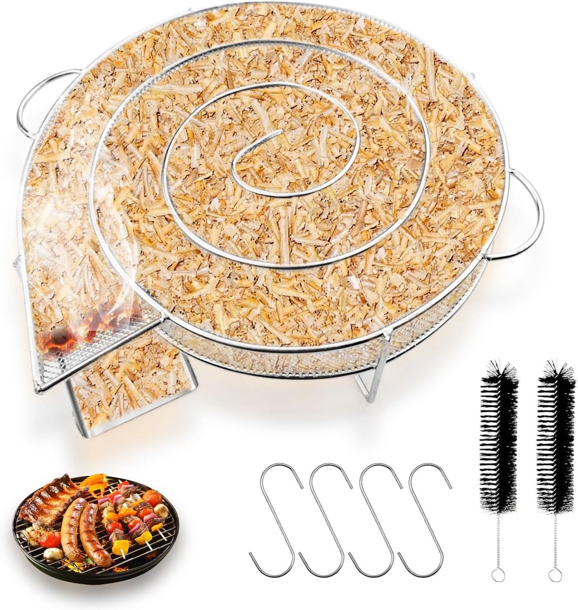 rookgenerator, rustrijfend staal, ronde rookslak met 2 borstels, 4 vleeshaken, voor rookoven en grill
