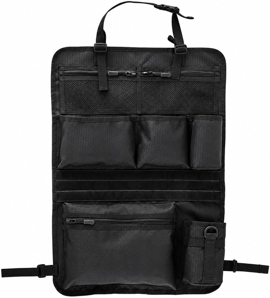 Autostoelorganizer, 42 x 62 cm, tactische rugleuningorganizer met zakken, netvakken en bekerhouder, autostoelorganizer, achterbank, voor SUV, autoaccessoires, camping, reizen