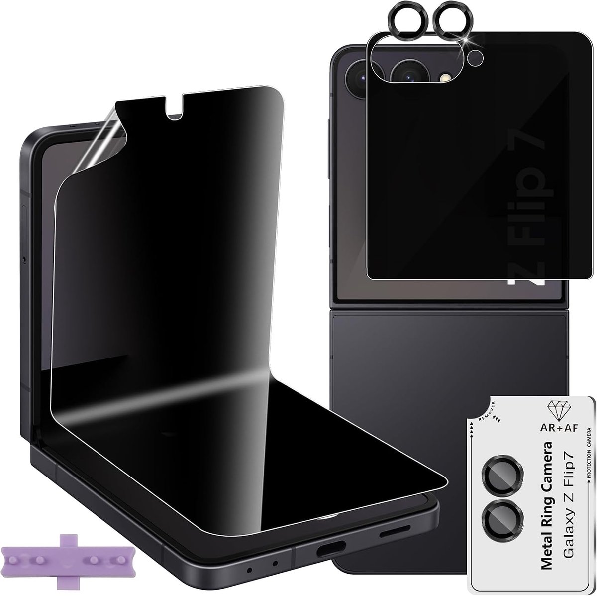Privacy screenprotector voor Samsung Galaxy Z Flip 8 / Z Flip 7, 1 + 1 stuks, TPU anti-spyfilm + privacy achterkant gehard glas + cameralens, bubbelvrije displaybescherming