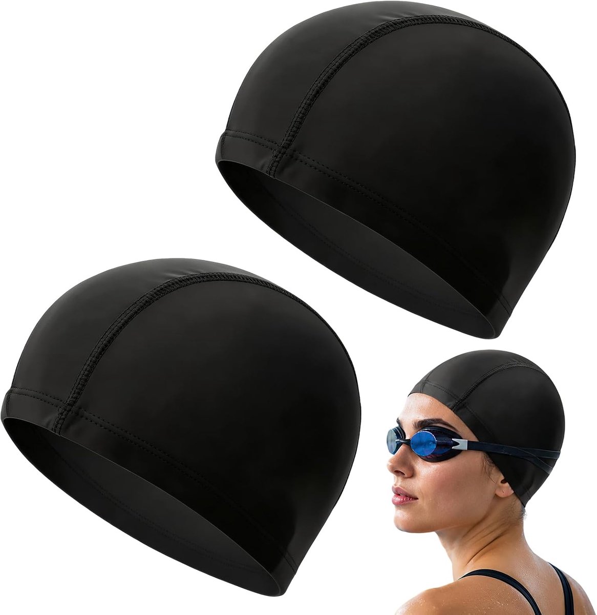 Set van 2 badmutsen voor volwassenen, zachte PU-stof en rekbaar polyester, uniseks badmuts voor mannen en vrouwen, comfortabel, eenvoudig aan te trekken, zwembadaccessoires voor vrije tijd
