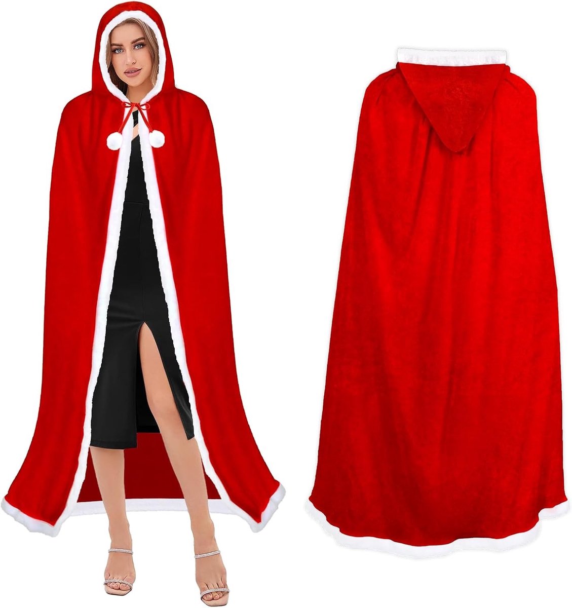 Rode Fluwelen Kerstcape met Kap voor Vrouwen en Kinderen, Perfect voor Feestdagen en Kerstoutfits, 120 cm Lang