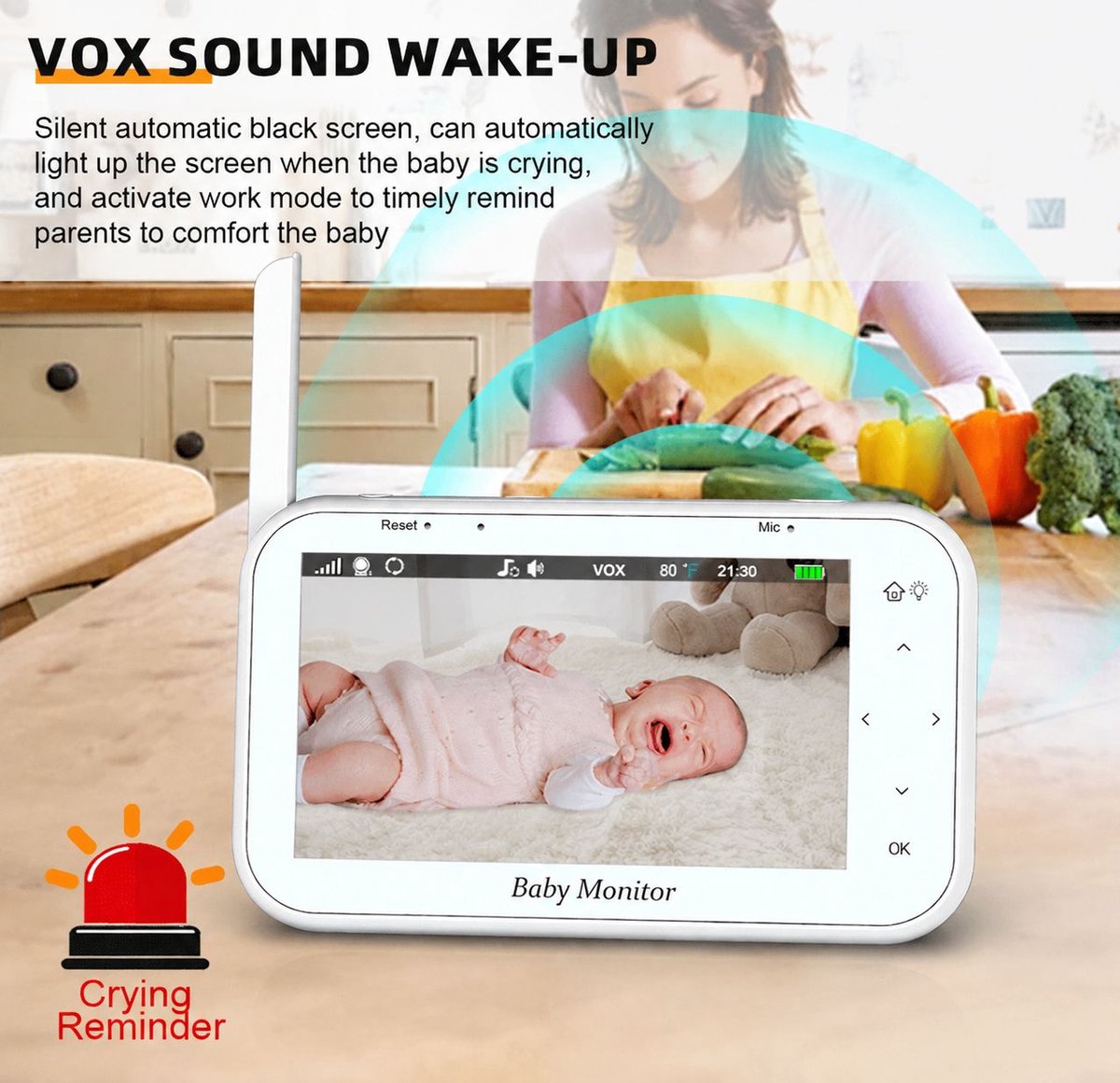VHV - Babyfoon met camera - Baby monitor - Baby camera - 4.3 inch IPS-scherm - Full HD Resolutie - Temperatuursensor - Nachtlampje - Nachtzicht - Video Opname Met uw SD kaart - Zonder Wifi en App thumbnail 3