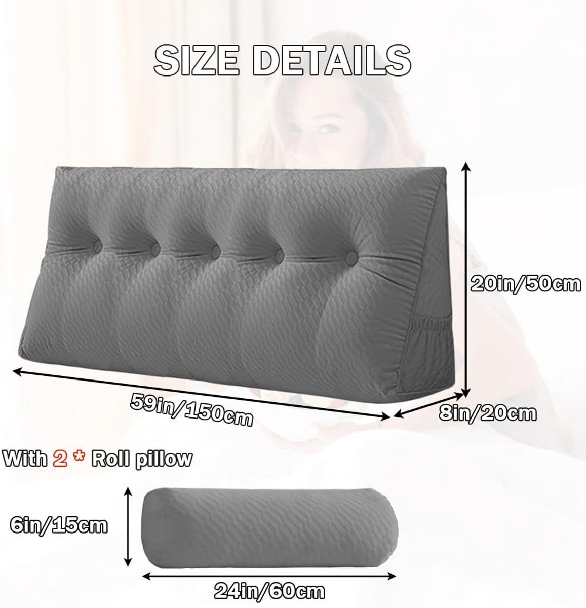 Driehoekig hoofdeinde, wigkussen met rolkussen, afneembare hoes, hoofdhoofdkussen, slaapbank, stapelbed, rugleuning positionering, rusten, lezen, ontspannend (grijs, 150 * 20 * 50cm)