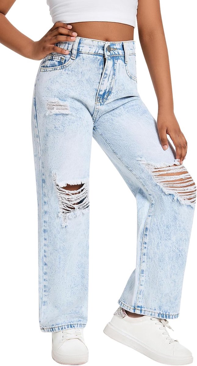 Jeans voor meisjes, hoge taille, elastisch, baggy, casual, wijde pijpen, gewassen denimbroek, vintage, blauw, broek met zakken, voor meisjes van 7-14 jaar