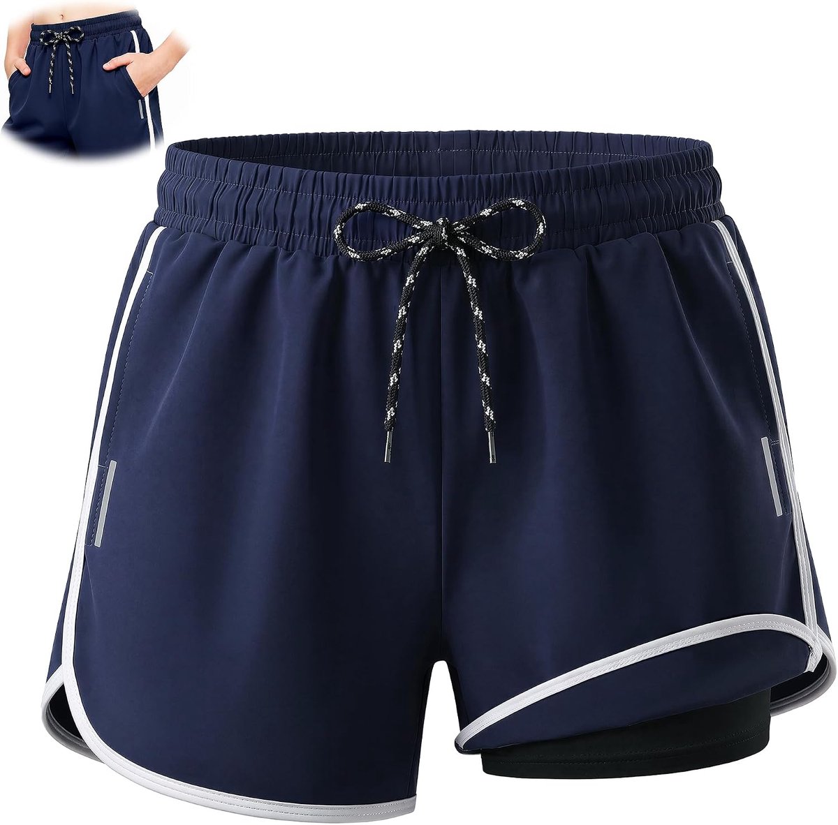Zwembroek Jongens Meisjes Sneldrogend Korte Zwemshort met Zakken en Reflecterende Strepen Verstelbaar met Trekkoord, Zwemkleding Strand Surfen Boardshorts voor Kinderen 7-16 Jaar