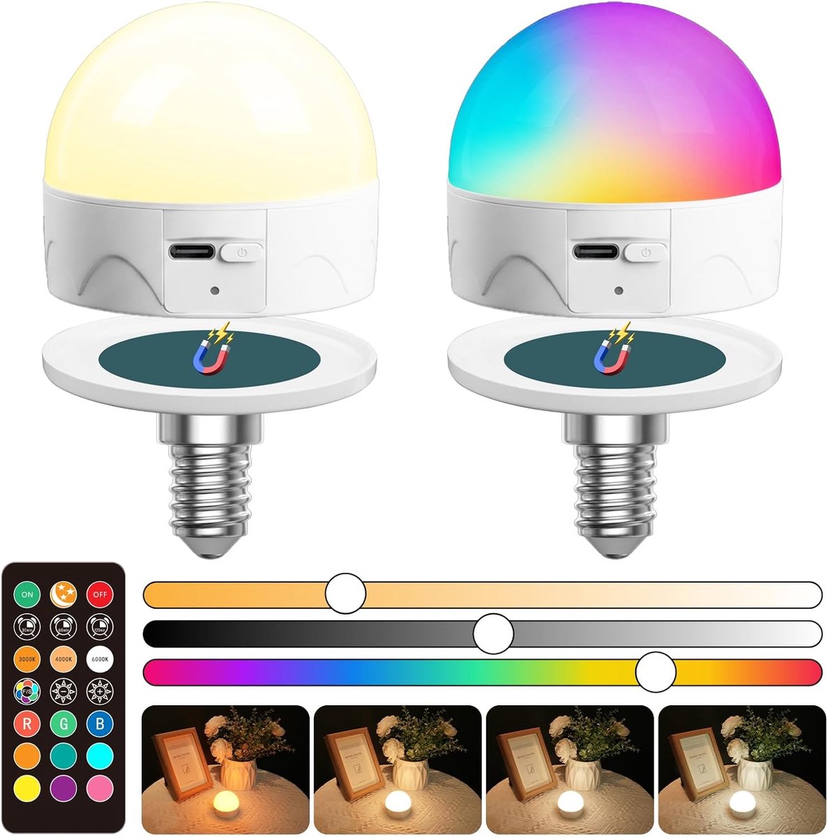 LED Oplaadbare Lamp met Afstandsbediening, RGB 3 Kleurtemperaturen + Warmwit 1800K Dimbaar, USB-C met accu E14 Lamp, voor Kamperen, Nachtkastje en Noodverlichting (2 stuks)