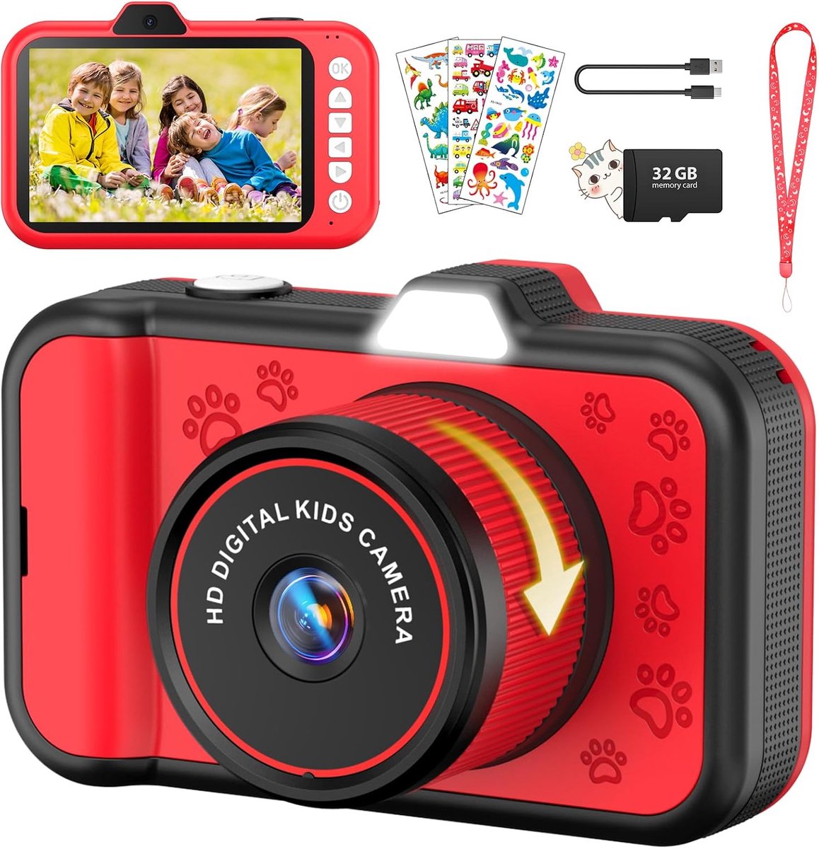 Kindercamera, 3,5 inch (8,9 cm), groot scherm, 1080p, digitale camera voor kinderen met 360°-lens, zoom, led, flits, 32 GB TF-kaart, kerstcadeau, speelgoed voor 3, 4, 5, 6, 8, 7, 9, 10, 11