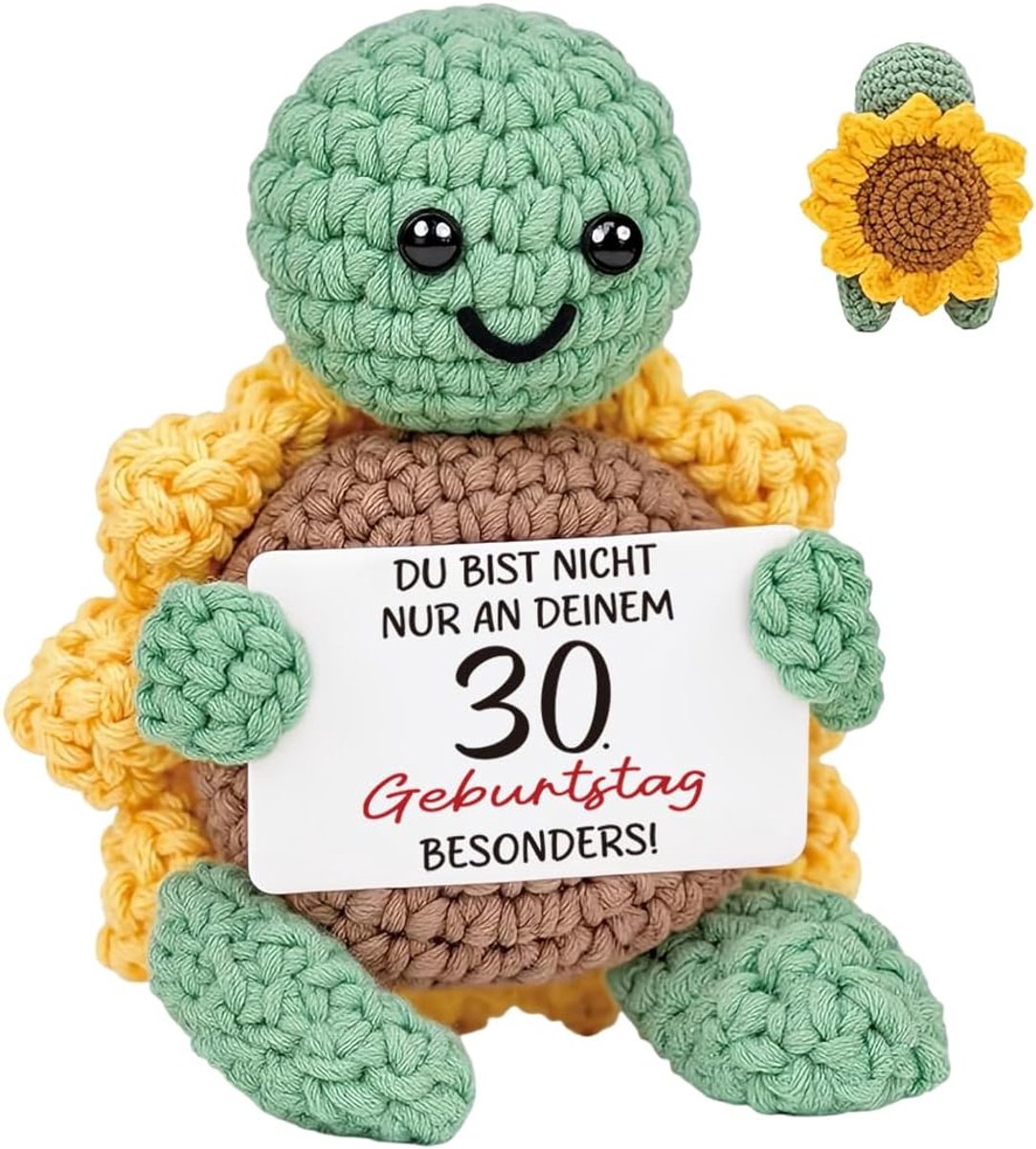 Gehaakte schildpad met zonnebloem, cadeau voor de 30e verjaardag vrouwen mannen, pocket hug positieve schildpad, gehaakte geluksbrenger emotionele ondersteuning