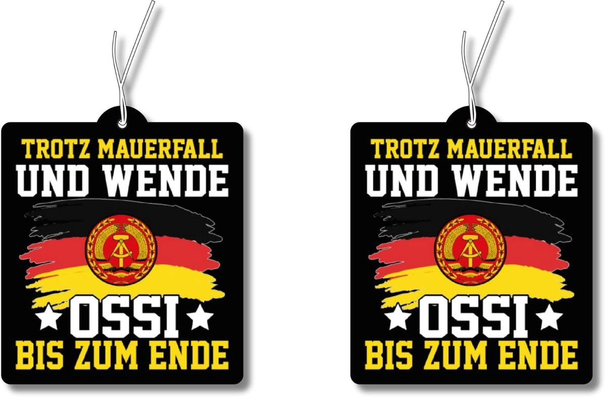 2 x geurboom met 'Ondanks muurval en draaiende Ossi tot aan het einde' motief, auto grappige geurdispenser, geurboom auto tuning, luchtverfrisser, geurhanger auto, geurboomset auto, Oosten en DDR