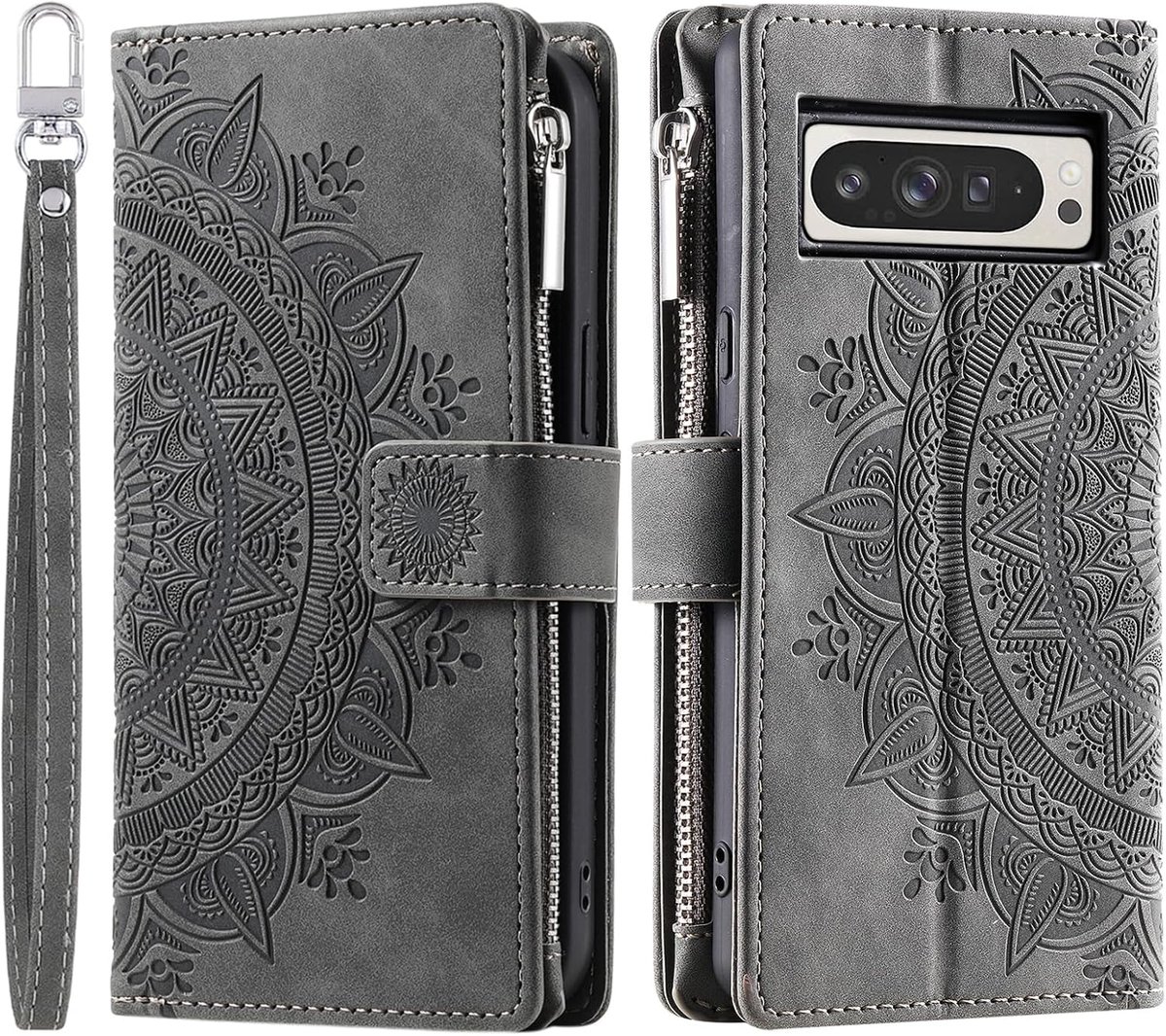 Portemonnee-hoesje voor de Google Pixel 9 Pro XL, bloemmotief, beschermend leren foliotelefoonhoesje met kaartsleuven en ritsvak, grijs