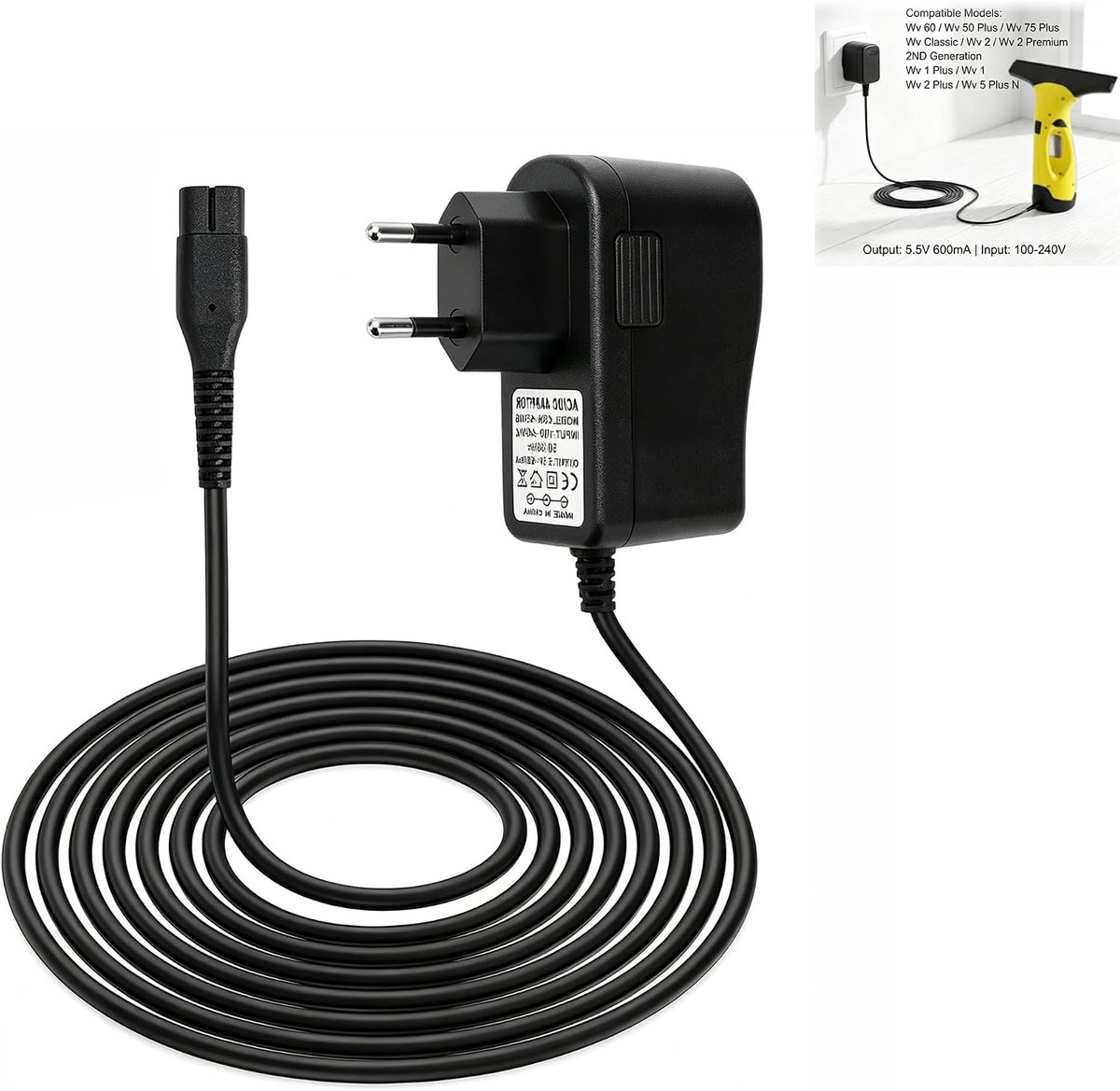 5,5 V 0,6 A compatibel met Karcher, netadapter voor glasreiniger WV1 WV2 WV5 WV60 WV70 WV75, vervanging voeding met kabel 1,5 m, stabiele voeding voor reiniging thuis