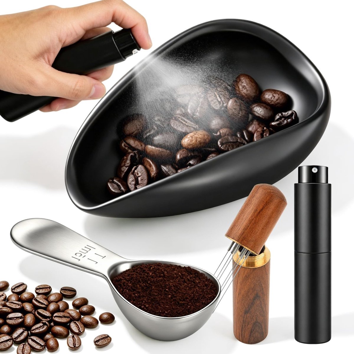 4-delige Barista accessoireset met 15 ml roestvrijstalen koffielepel 10 ml mini-spuitfles 6-naalden espressonaald koffiebonen doseerbeker van keramiek voor filterkoffie espresso speciale