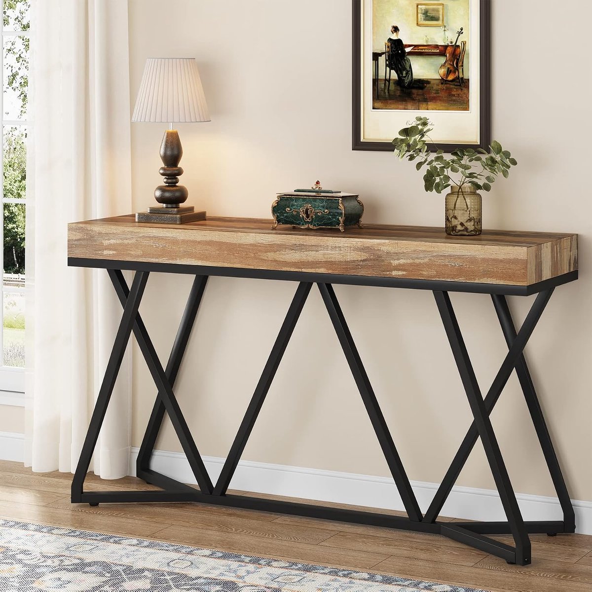 140 cm consoletafel, boerderij-banktafel, entreetafel met unieke metalen sokkel, kleine tentoonstellingstafel, foyertafel, industriële haltafel voor hal, woonkamer (houtkleur)