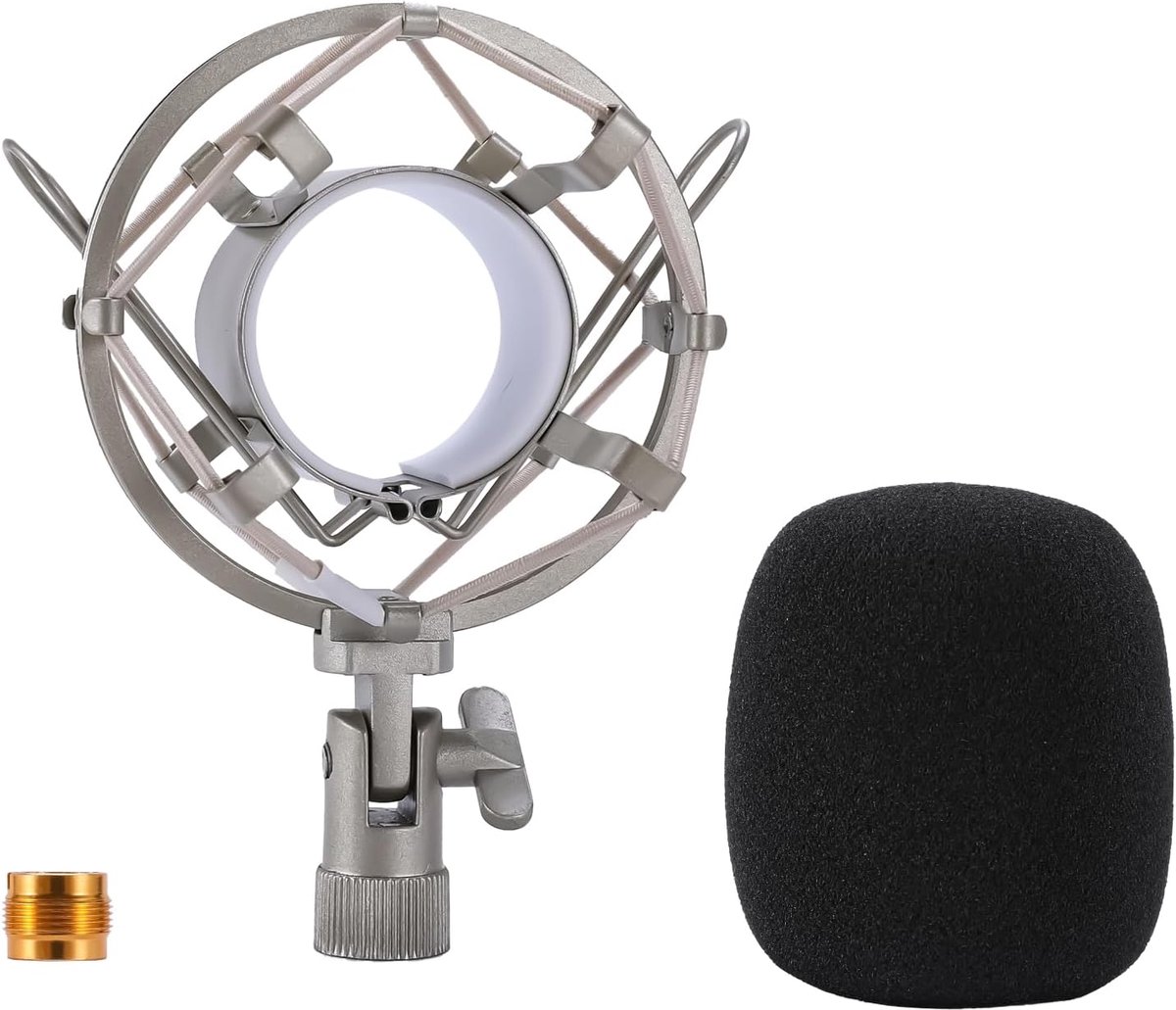 Universele Microfoonopstelling met Demper, Microfoonhouderstatief (met Windscherm) voor Condensatormicrofoons (47-53 mm) – Volledig Metalen, Robuust Opnamestatief (Zilver, L)