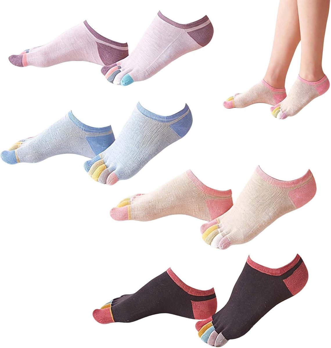 Sokken Dames 4 Paar, Katoenen Teensokken Zacht en Ademend, Anti Blaar Sport Sokken voor Hardlopen Yoga Pilates, Comfortabele Vijf Tenen voor Dagelijks Gebruik