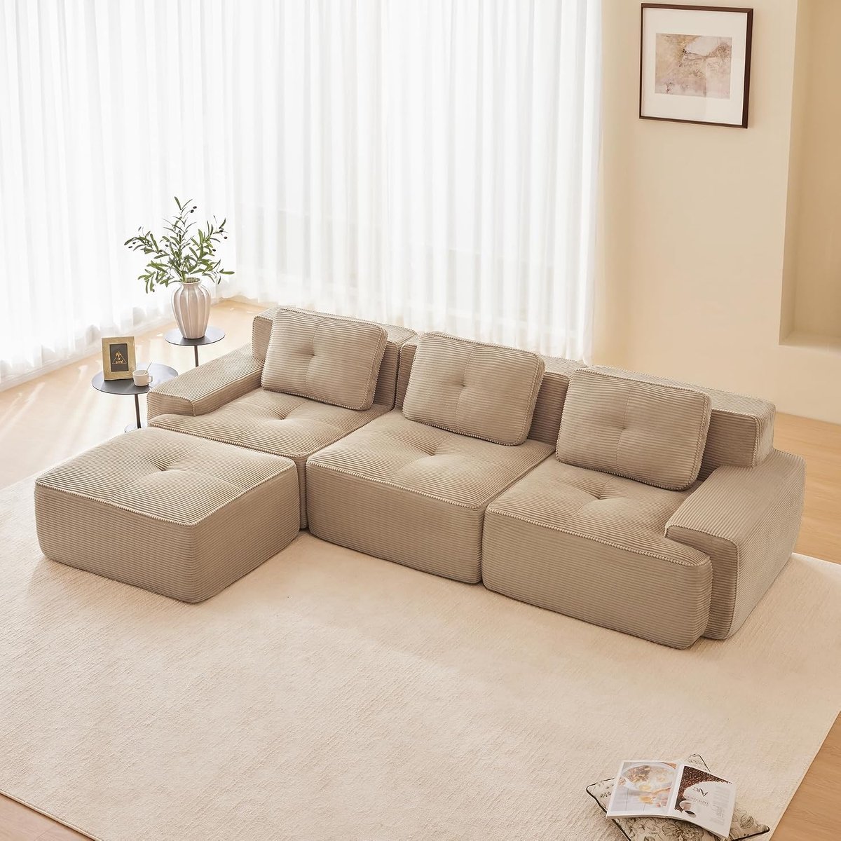 Modulaire bank, moderne bank voor de woonkamer met 74 cm diepe zitting, corduroy bank, Cloud gestoffeerde bank, banken combineerbaar, voor woonkamer (beige, 3S+1)