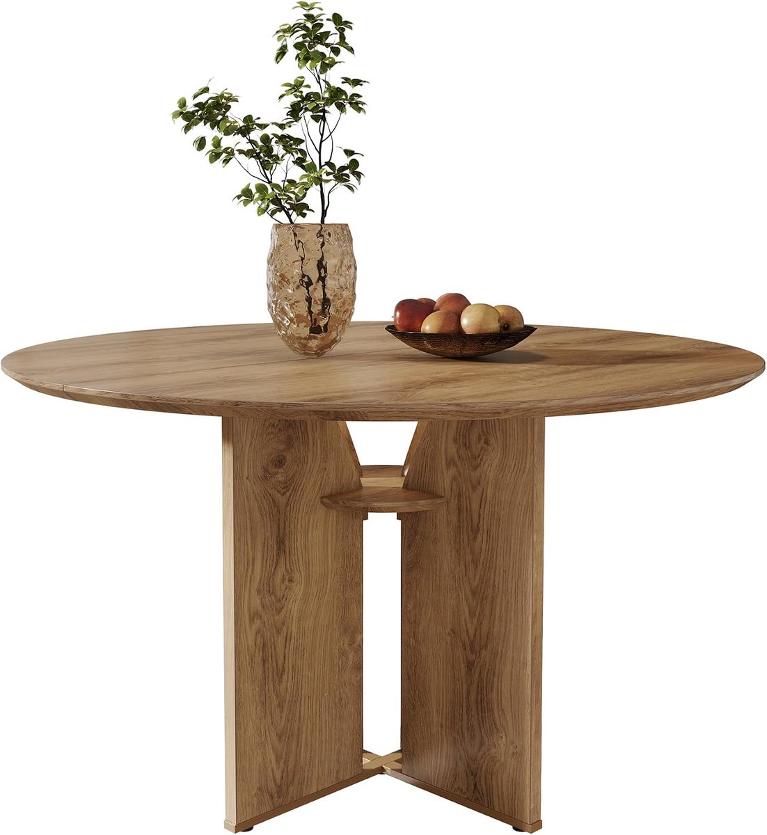 Ronde eettafel voor 4 personen, diameter 100 cm, landhuis-keukentafel met opbergvak en X-vormig, stevig onderstel voor eetkamer, woonkamer en keuken, bruin