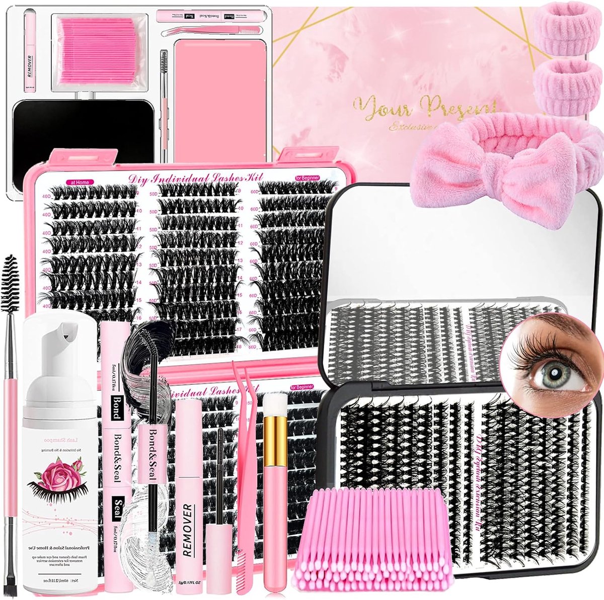 Fluffy wimperverlengingsset, 900 stuks, doe-het-zelf, individuele wimpers met Lash Bond en Seal, wimperverwijderaar, pincet, shampoo, doucheband, reinigingsborstel, mini-applicator