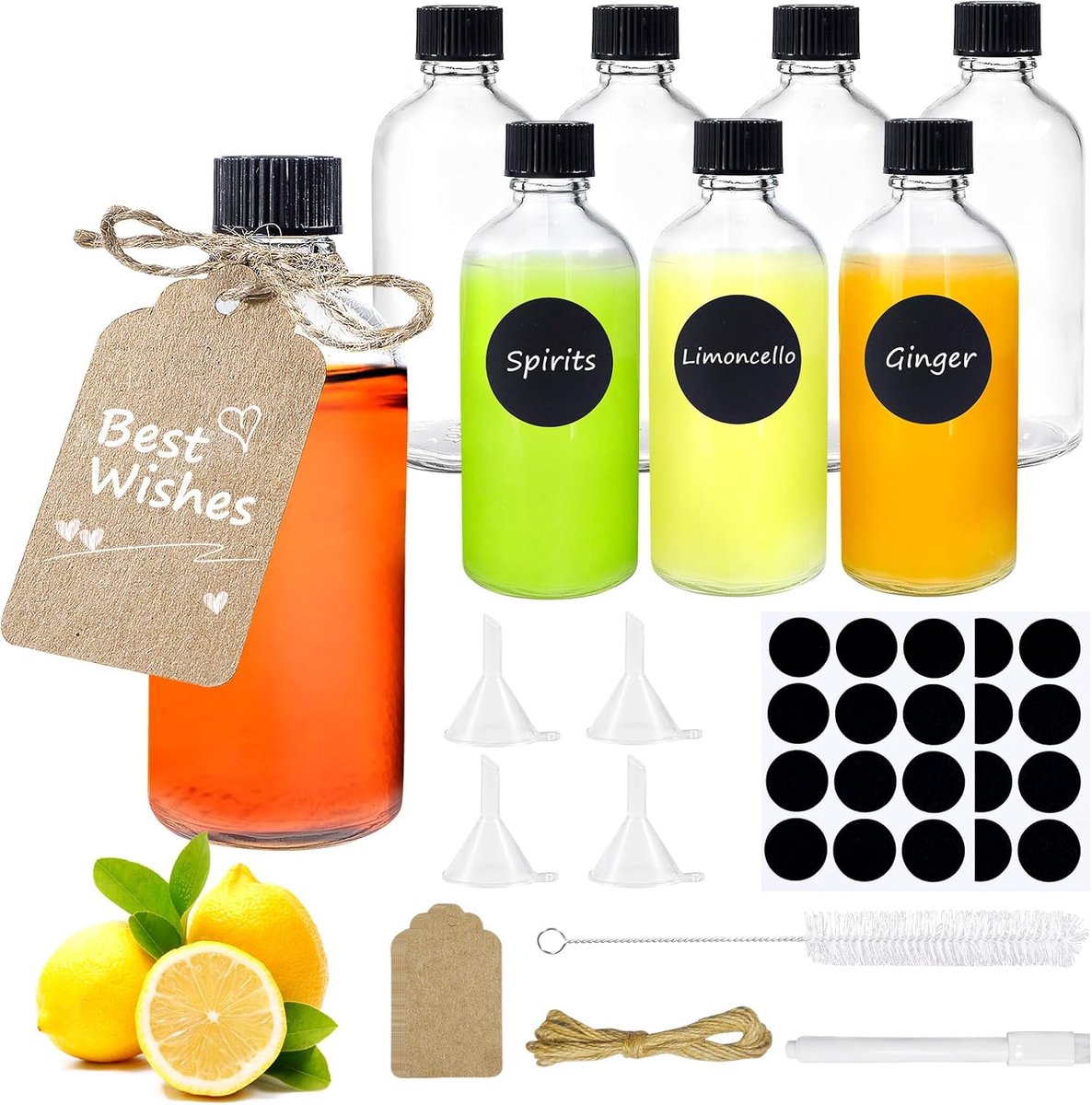 Dailygoods- Shotflesjes 100ml - 8 Stuks - Glazen Flessen met Schroefdop - Inclusief Trechters en Etiketten - Duurzaam en Vaatwasserbestendig - Luchtdi