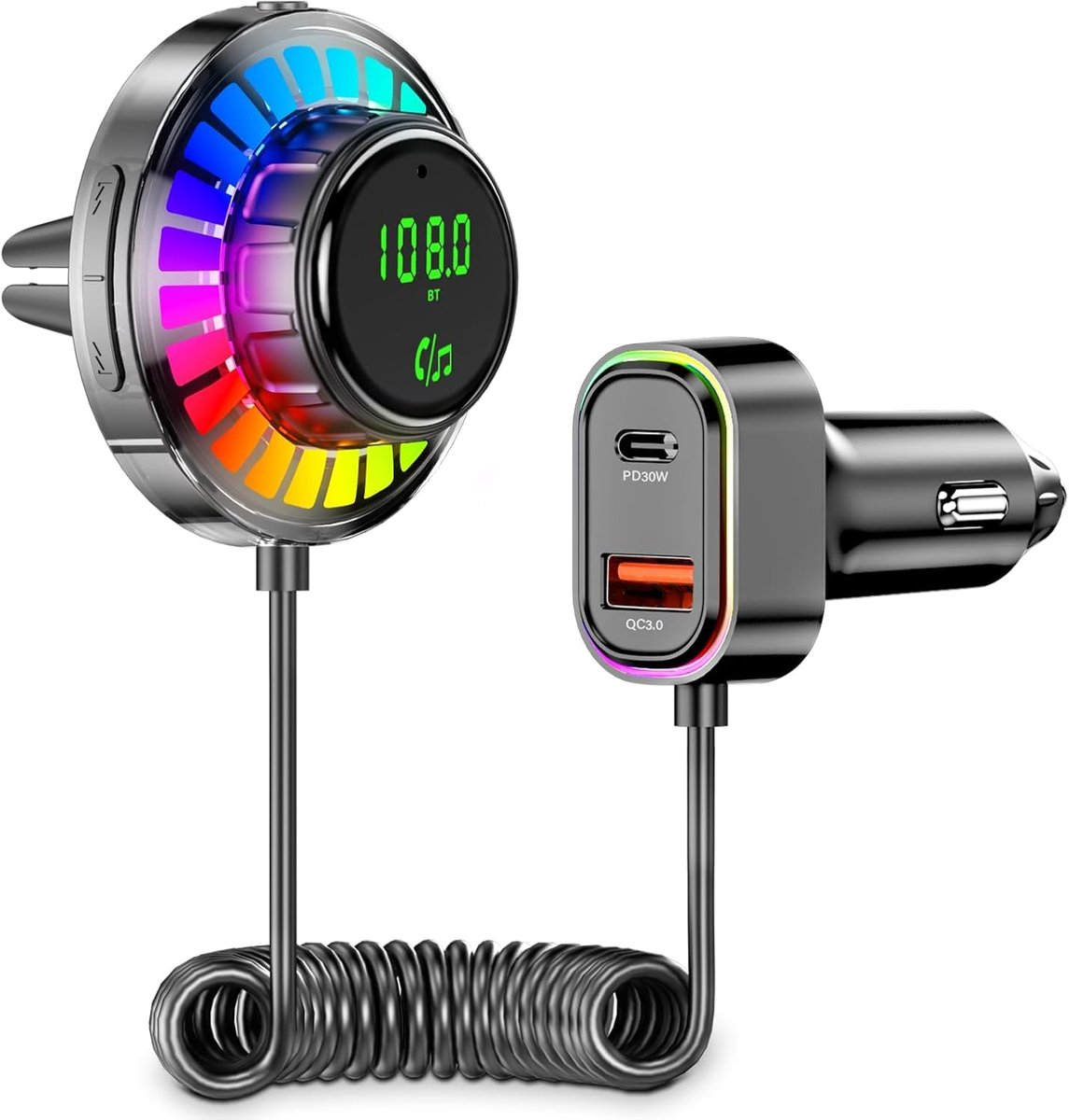 Bluetooth adapter auto FM-zender met RGB licht - Bluetooth 5.3 handsfree functie, PD30W USB-C & QC3.0 snellader, auto Bluetooth adapter voor iPhone Android autoradio
