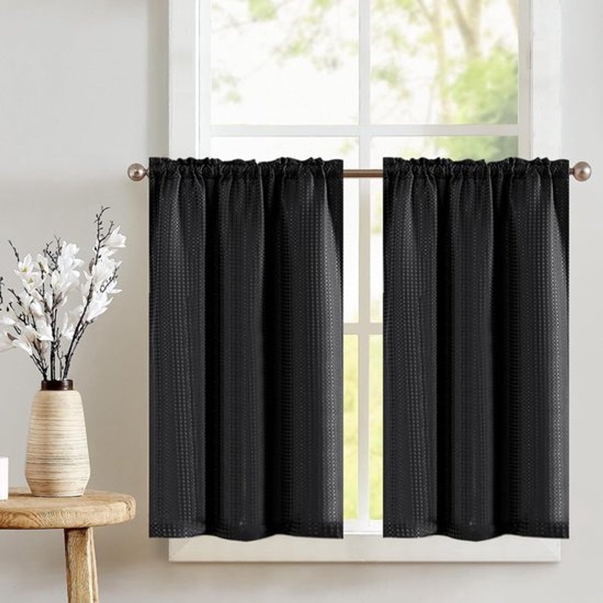 Moderne Zwarte Vitrage Bistrogordijnen Set van 2 - 90 x 60 cm - Effen Korte Gordijnen voor Keuken en Caravan