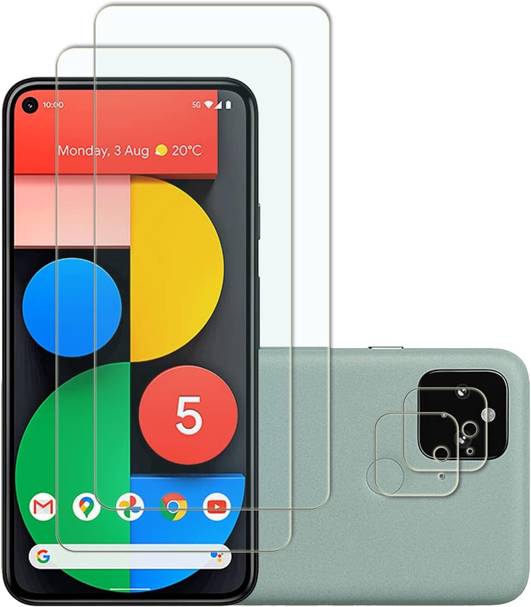 [Set van 2 + 2 + 2 gehard glas, screenprotector voor Google Pixel 5 5G, 9H hardheid, pantserglasfolie, anti-krassen, anti-belletjes, HD heldere displaybescherming, camerabeschermfolie, voor
