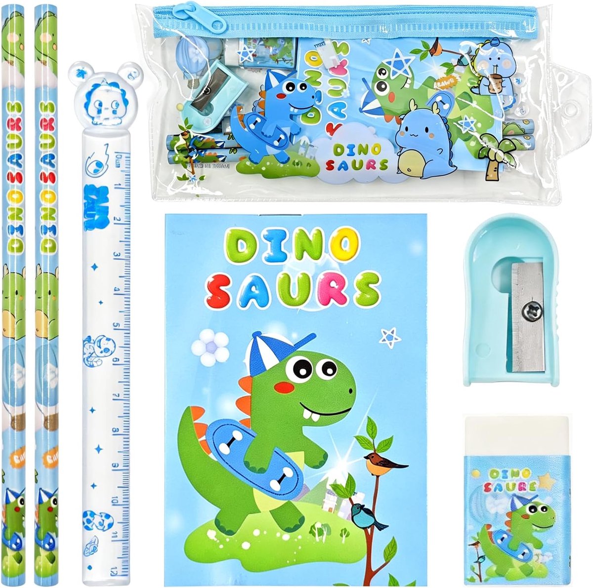 set met dinosaurus-schrijfwaren, schattige schrijfwarenset, liniaal, potlood, notitieboekje, gum, puntenslijper voor op kantoor en op school