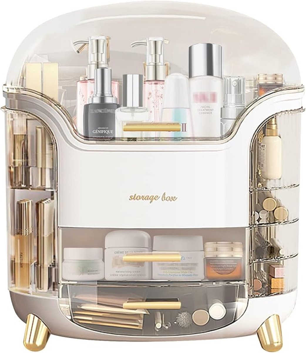Make-up Organizer met Laden – Doorzichtige Deksel & Grote Capaciteit | Cosmetica Organizer voor Badkamer & Toilettafel | goud
