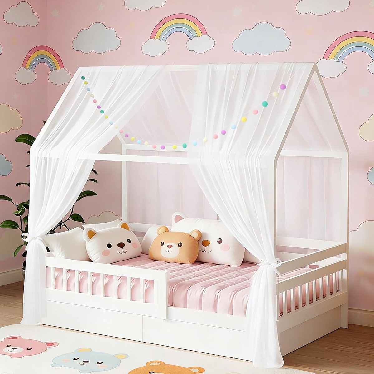 2 stuks huisbedhemel voor kinderbed, 160 x 350 cm met gekleurde pomponslinger en bevestigingsbanden, lichte ademende stoffen gordijnen voor huisbed, decoratie, muggenbescherming (Wit)
