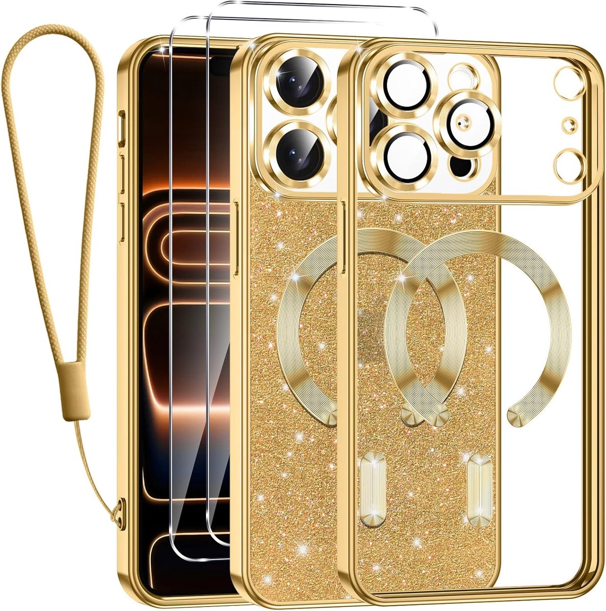 telefoonkoord voor iPhone 17 Pro Max hoes met MagSafe, glitter magnetische telefoonhoes, schokbestendige siliconen TPU beschermhoes voor iPhone 17 Pro Max met 2 stuks beschermfolie, goud