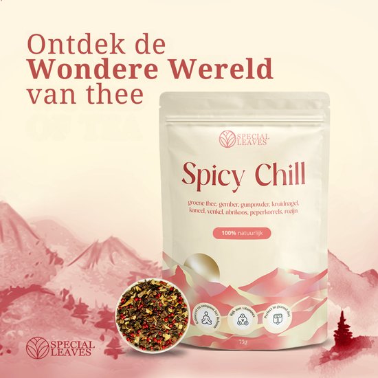 Special Leaves 'Spicy Chill' thee verpakking naast een schaal met losse kruidenthee. Groene thee, gember, kruidnagel en abrikoos.