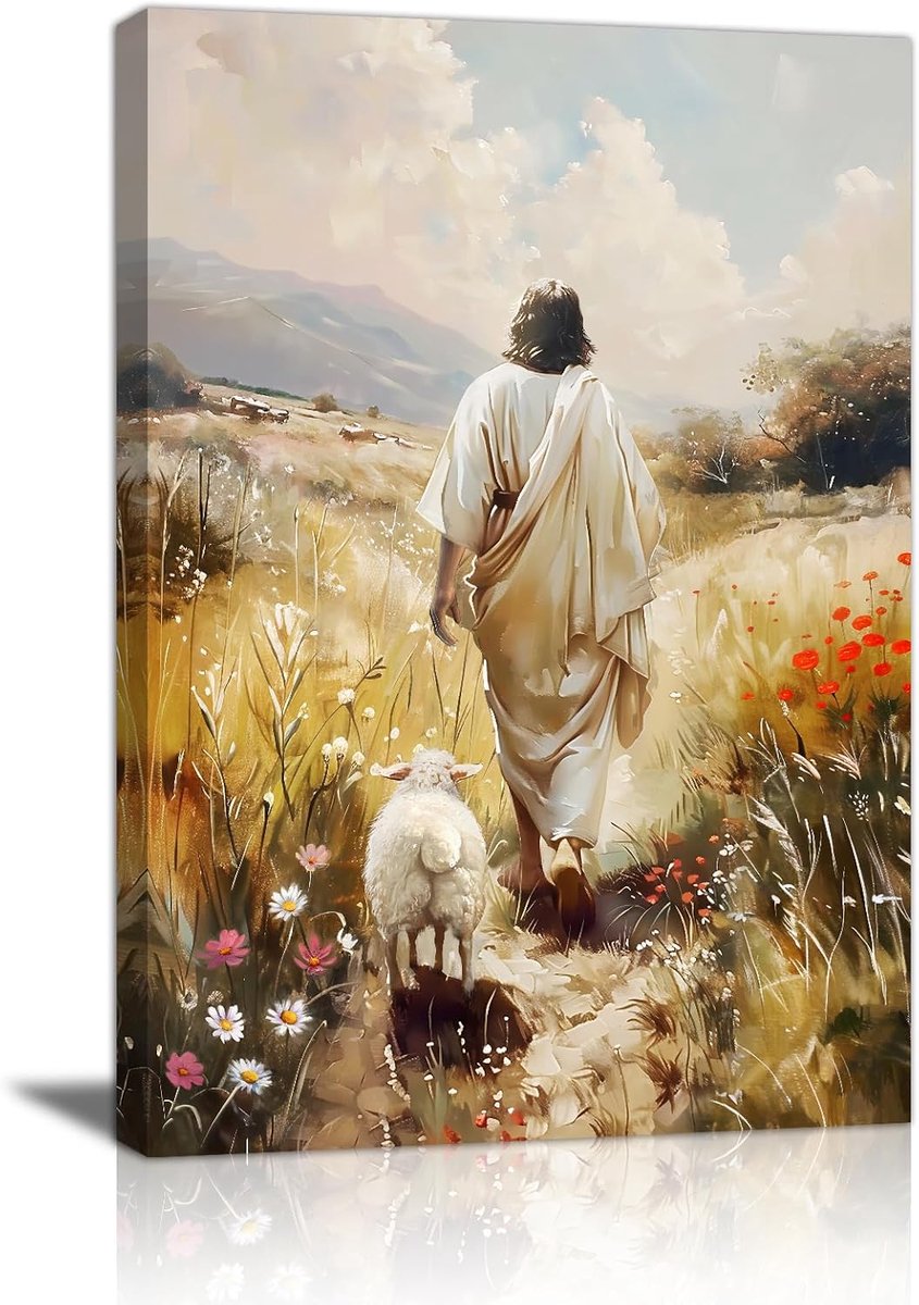 verlaat de 99 schapen, canvasfoto's met lijst, Jezus en lam, wandschilderijen, Christus, het verloren schaap, afbeelding op canvas, decoratieve wanddecoratie voor woonkamer, kerk, gebed, 30 x 40