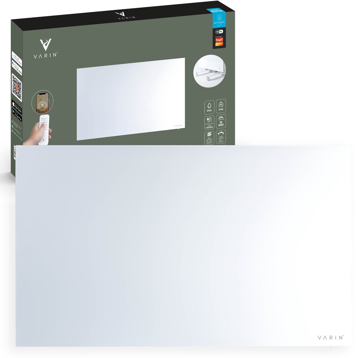 Varin® Smart Design Infrarood verwarmingspaneel - 600W - 100x60cm - Helder wit glas - IP24 - Met thermostaat - Wandmontage of verrijdbaar - Elektrische verwarming - Infrarood paneel verplaatsbaar - Kachel - Heater bureau - Terrasverwarmer - Tuya Wifi